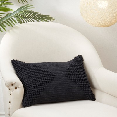 Black Textured Woven Diamond Cotton Throw Pillow Cover
