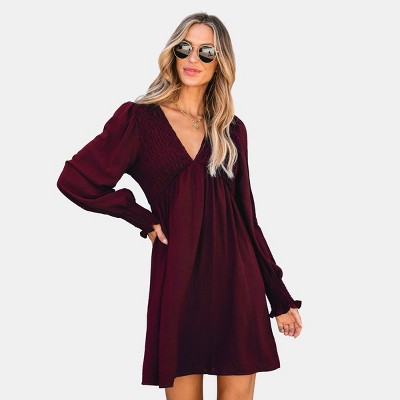 Women's Maroon Smocked V-Neck Mini Dress - Cupshe