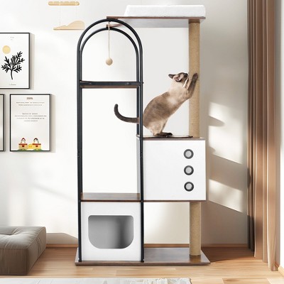 Akoasm Cat Climbing Frame TreeHouse With Tower And Composite Shelter Including Hidden Nest & Scratching Board And Resting Platform-White