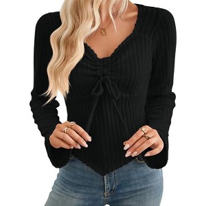 Women's Aesthetic Trendy Long Sleeve Shirt Cute Ruched Drawstring Slim Fit Pullover Tops Ribbed Clothes - 1 of 4