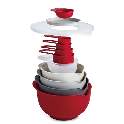 12-Piece Red and Gray Plastic Nested Mixing Bowls and Measuring Cups Set
