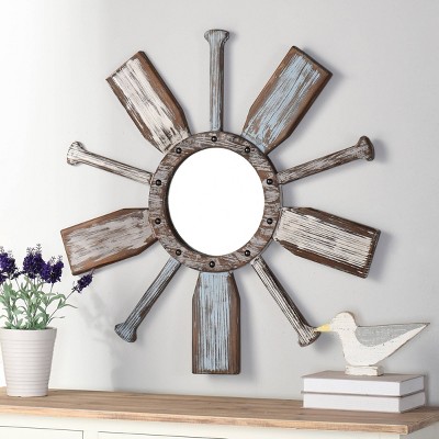 Montauk Round 34" Nautical Wall Mirror with Weathered Paddle Frame
