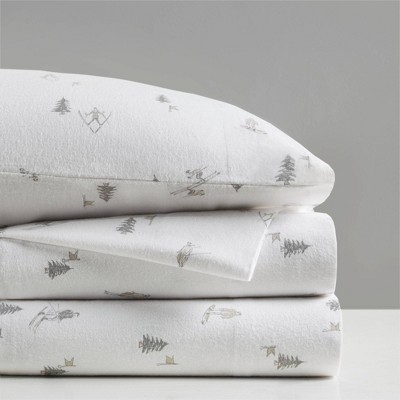 California King Gray Skiers Cotton Flannel Sheet Set