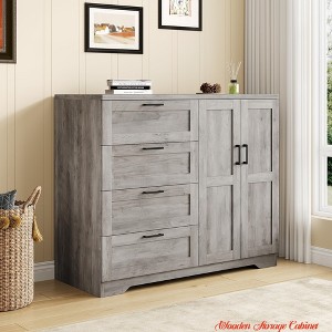 Wooden Storage Cabinet, Freestanding Wardrobe w/ 1 Hanging Rod, Side Organizer w/ 4 Drawers and Double Doors - 1 of 4