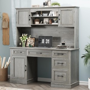 67"H Executive Desk with Hutch, Wood Workstation with 5 Drawers, Storage Cabinet & Charging Station - 1 of 4