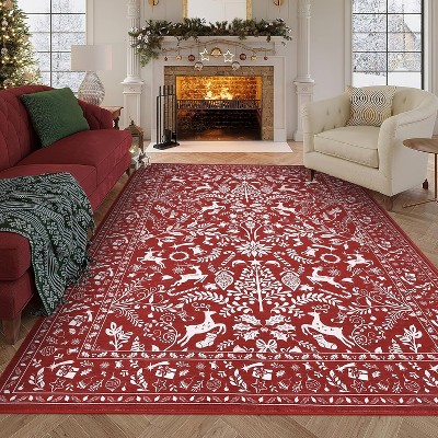 GustoWave Christmas Non Shedding Xmas Decorative Throw Rug for Living Room, Bedroom, Red