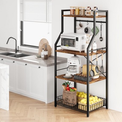 4-Tier Kitchen Bakers Rack & Microwave Oven Stand ¨C Industrial Coffee Bar Station with Large Wire Basket