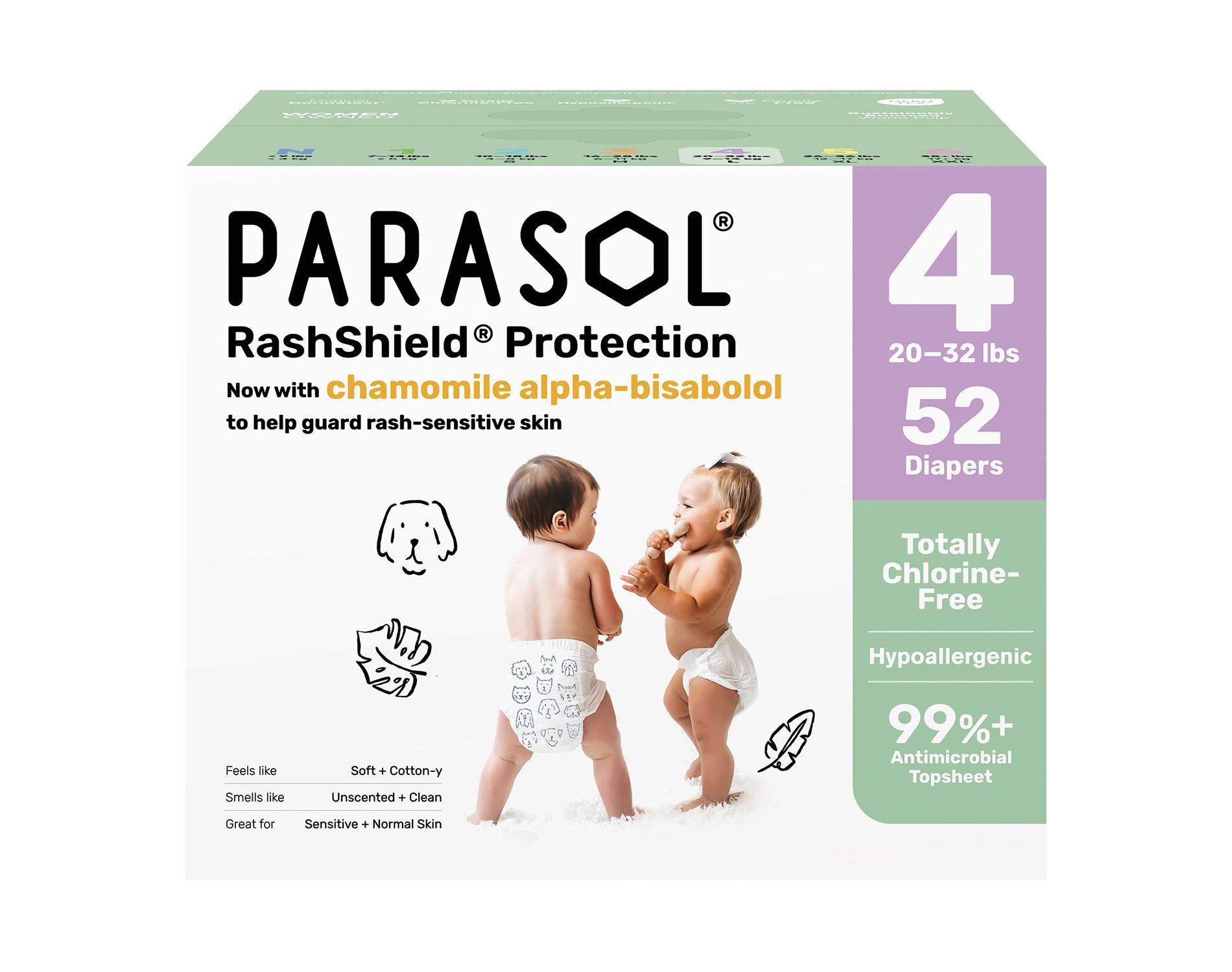 Parasol Chlorine-Free Diapers with RashShield Protection - Size 4 - 52ct: 20-32 lbs, Latex-Free, Hypoallergenic, Non-Toxic