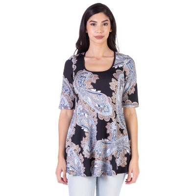 24seven Comfort Apparel Paisley Print Elbow Sleeve Loose Casual Tunic Top