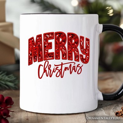 Merry Christmas Sequin Mug, Bold Red Glitter Gift for Festive Holiday Season (Non-Custom Only)| OrnamentallyYou