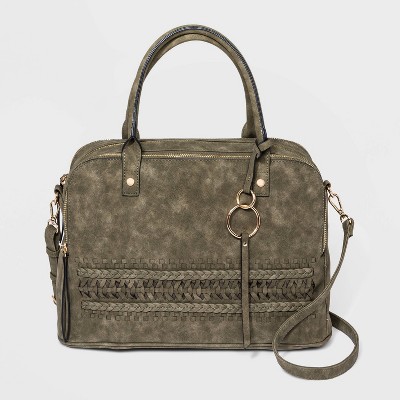 VR NYC Zip Closure Woven Braid Satchel Handbag - Olive Green