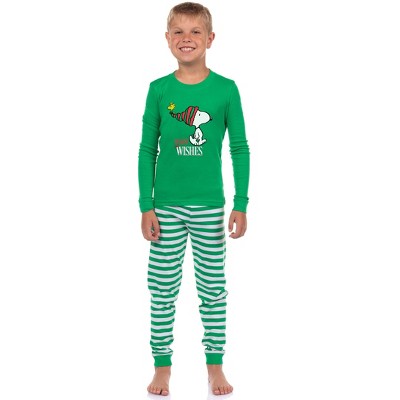 Peanuts Snoopy Christmas Holiday Warm Wishes Tight Fit Cotton Matching Family Pajama Set Green