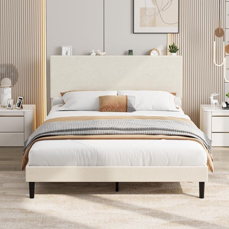 Full Size Bed Frame with USB Charging Station, Corduroy Upholstered ...