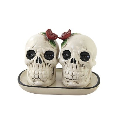 Tabletop 3.0" Flower Skull Salt And Pepper Day Of Dead Bones Red Rose Transpac  -  Salt And Pepper Shaker Sets