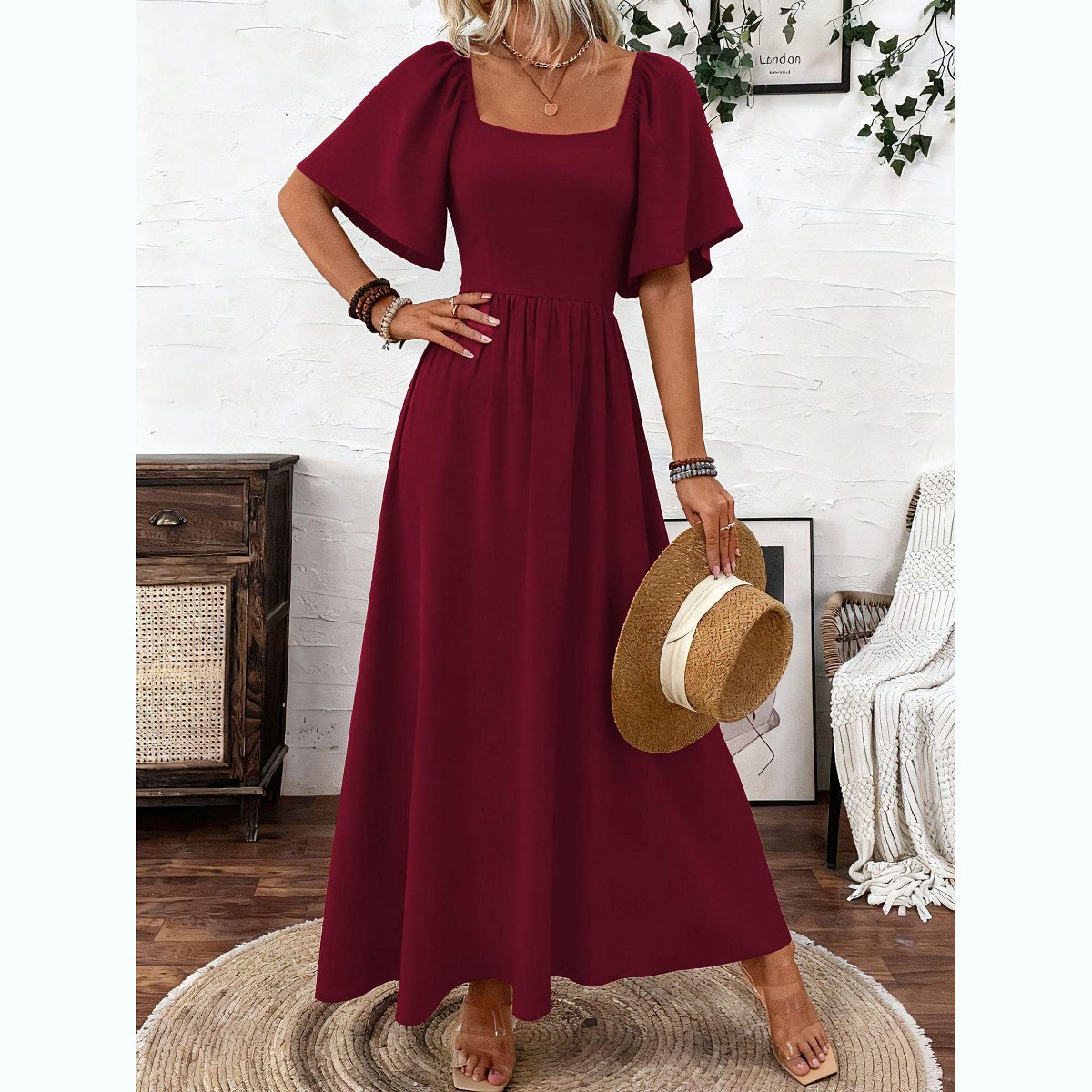 Женские платья Garvee Women's Square Neck Maxi Dress Flutter Sleeve High Waist Backless Flowy A Line Long Dresses Summer Casual Sundresses,Claret - Small — фото 3