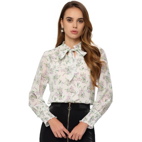 Allegra K Women's Floral Blouse Shirred Long Sleeves Spring Tie