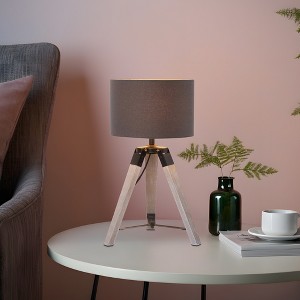 18" Industrial Tripod Table Lamp with Natural Wood Base, Metal Accents & Linen Shade for Bedroom, Living Room or Office,Gray - 1 of 4