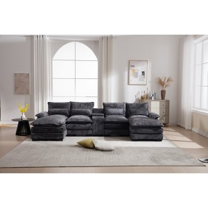 123'' Chenille U-Shaped Sectional Sofas with Console, Cupholders and USB Ports, 6-Seat Upholstered Sleeper Couch with Chaise for Living Room - 1 of 4