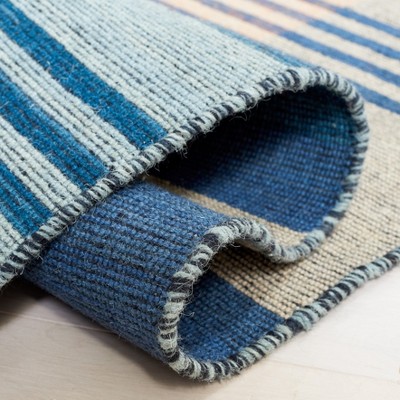 Blue and Orange Striped Wool 4' x 6' Flat Woven Rug