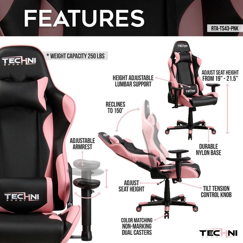 Ergonomic High Back Racer Style PC Gaming Chair Pink - Techni Sport, 6 of 15