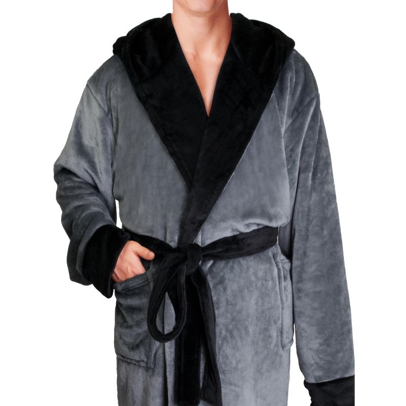 PAVILIA Mens Robe, Hooded Soft Bathrobe for Men, Fleece Plush Warm Shawl Collar Hood Pockets for Bath Shower Spa, 3 of 8