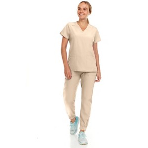 Hey Collection Womens Stretch V-Neck Jogger Scrubs Set, Medical Nursing Tops with Four Pocket Pants - 1 of 4