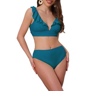 INSPIRE CHIC Women's Ruffle Trim V Neck Wide Strap Leopard Bikini Sets, Drawstring Tie Back Top Triangle Bottom 1 Set - 1 of 4