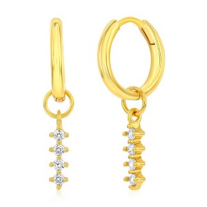 Bella Silver Sterling Silver Vertical 4-Prong Round CZ Charm Huggie Hoop Earrings - Gold Plated - Gold - 1 of 2