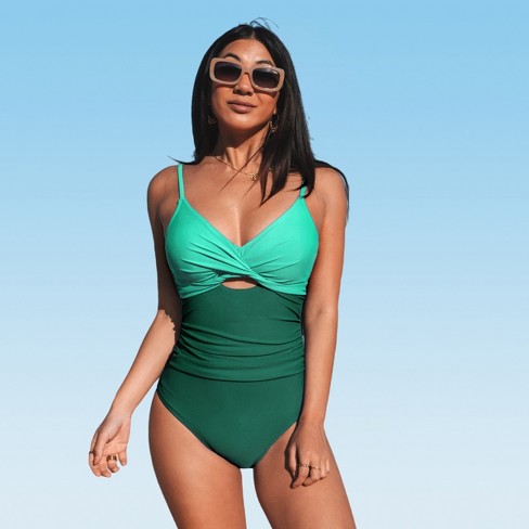 Women's Twist Front Cutout One Piece Swimsuit -Cupshe-XL-Green Color Block