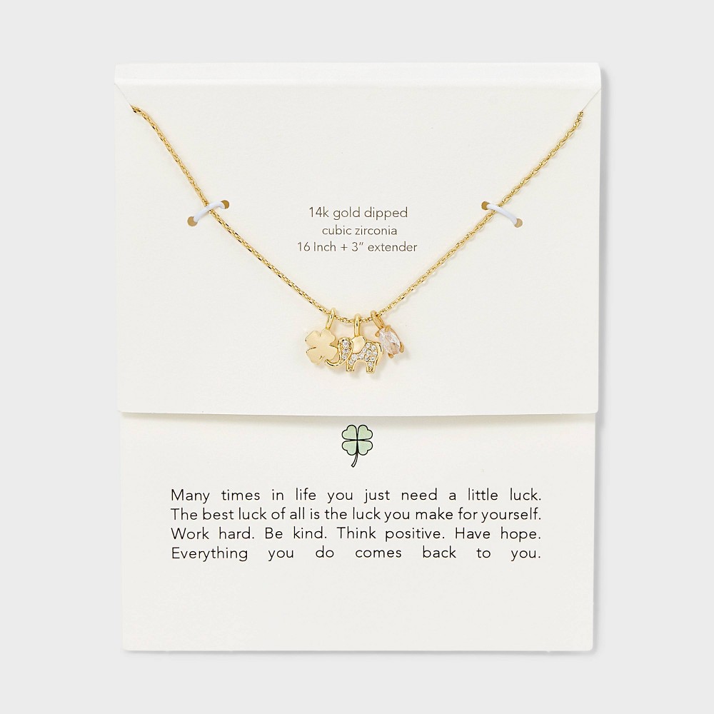 14k Gold Dipped Lucky Clover Cubic Zirconia Elephant Charm Necklace - Gold