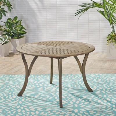 Outdoor Round Dining Table, Teak Finish Patio Table with Curved Legs, Slatted Top, for Deck, Balcony-The Pop Home