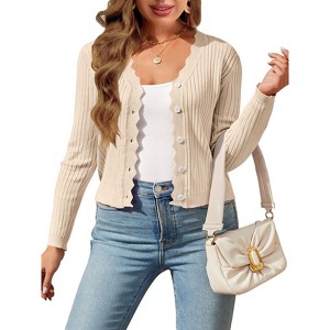 Plus Size Cardigan Cropped Rib Sweater Cardigan Wavy Placket V Neck Cardigan Front Button Down Sweater Cardigan XL-5X - 1 of 4
