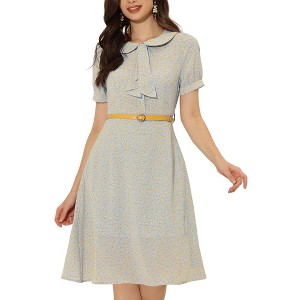 INSPIRE CHIC Women's Peter Pan Collar Tie Neck Short Sleeve A-Line Elegant Belted Floral Dress - 1 of 4