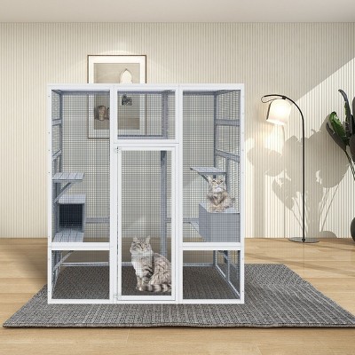 LAOTIES 62" Large Wooden Outdoor Catio,Weatherproof Cat House With 7 Platforms,2 Resting Boxes And Secure Wire Mesh