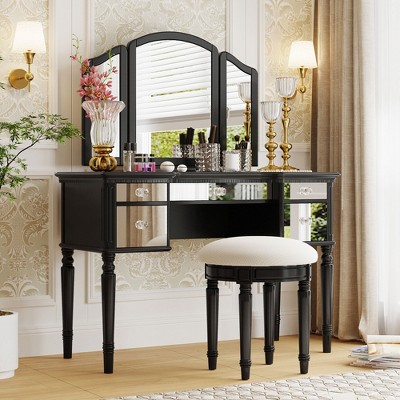 TIRAMISUBEST 43" Dressing Table Set with Mirrored Drawers and Stool, Tri-fold Mirror, Makeup Vanity Set for Bedroom