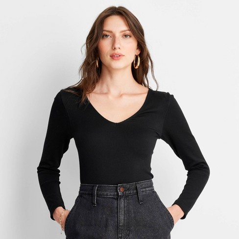 Women's Long Sleeve V-Neck T-Shirt - A New Day™ Black XS