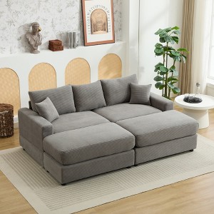 Oversize 82" Corduroy Upholstery Sectional Sofa Bed with 2 Pillows and 2 Movable Ottoman - 1 of 4
