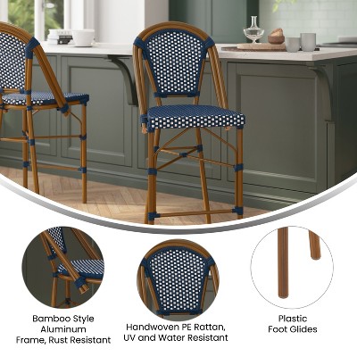 Navy and White PE Rattan Bistro Counter Stools with Bamboo Metal Frame, Set of Two