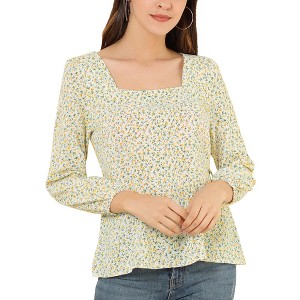 Allegra K Women's Floral Print Belted Waist Square Neck Vintage Peplum Blouse - 1 of 4
