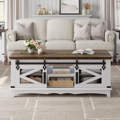 Farmhouse Coffee Table with Storage 48'' Center Table Industrial Cocktail Table with Sliding Barn Doors