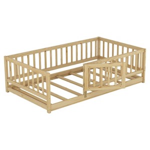 SEVOBAL Kids Furniture Beds Full Size Montessori Floor Bed with Slats Fence and Door Sturdy Wood Easy Assembly for Kids, Brown, 80.71"*16.34"*5.51" - 1 of 4
