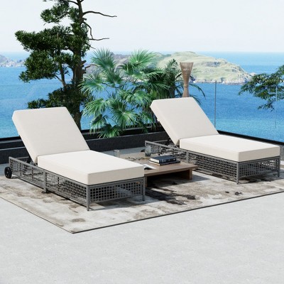 Chic Crate - Set of 2 Adjustable Rattan Pool Lounge Chairs with Wheels - Waterproof Outdoor Patio Furniture for Backyard & Garden (Grey+Beige)