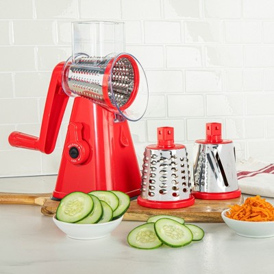 Red Stainless Steel 3-in-1 Rotary Cheese Grater and Vegetable Chopper