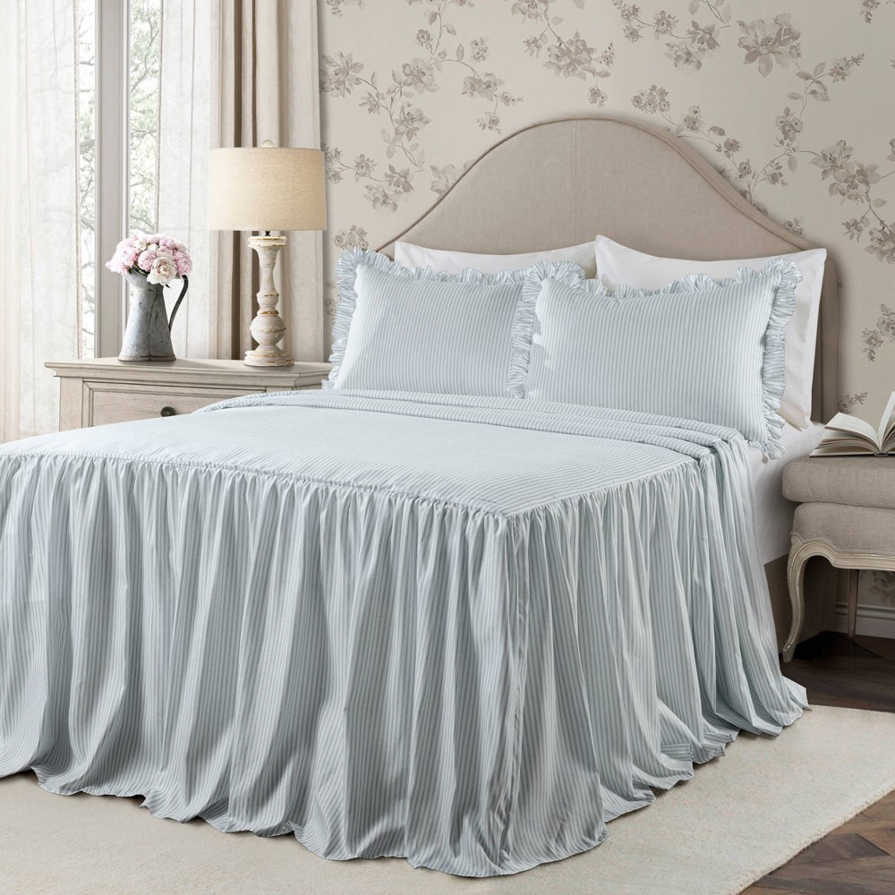 Photos - Duvet King 3pc Ticking Stripe Bedspread Set Lake Blue - Lush Décor: Polyester Co