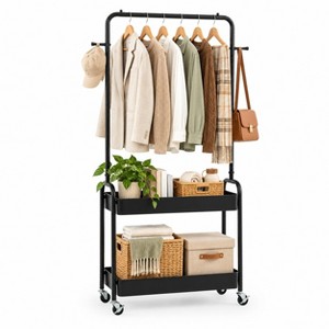 Rolling Clothes Rack Laundry Cart with Hanging Rod and 2 Storage ...