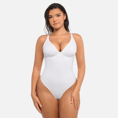 Feelingirl Women's Deep V Neck Tummy Control Thong Shapewear Bodysuit Black XS