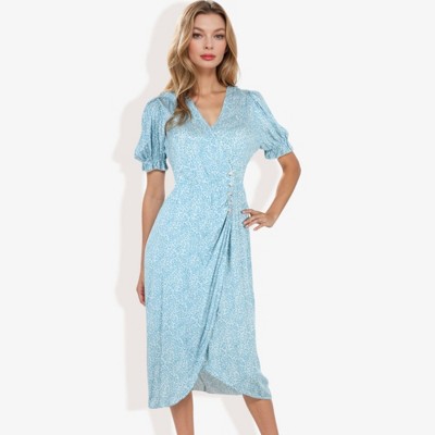 Anna-Kaci Women's Short Sleeve Wrap Dress With Button Detail And V-Neckline- Large, Light Blue