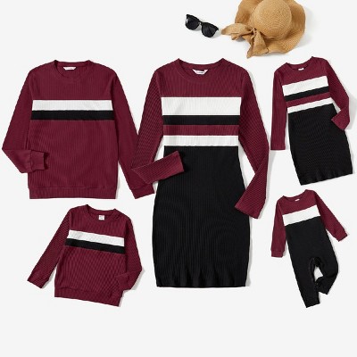 PATPAT Family Matching Outfits Cotton Rib Knit Colorblock Long Sleeve Sweatshirts Tops Sets, Burgundy