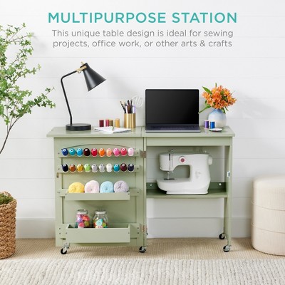 Light Green Folding Sewing Table with Craft Storage and Trays