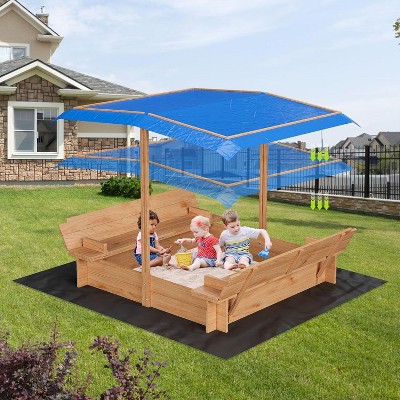 Wooden Kids Sandbox with Cover – Adjustable Canopy and 2 Bench Seats for Ages 4-8, Ideal for Outdoor Beach or Patio Fun